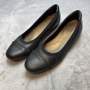 Clarks Womens Sara Bay Ballet Flats Size 9.5M Black Leather Comfort Dress Shoes
